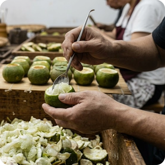 Close up of an artisan hand scooping the fruit flesh out of a small green citrus rind using a specialised spoon tool, with more hollowed green rinds drying on wooden racks in the background.