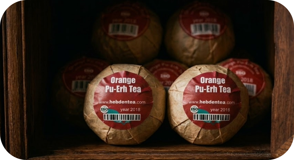 A group of six individually paper-wrapped Xiao Qing Gan Orange Pu-Erh tea balls from Hebden Tea, safely stored inside the dark, protected, and shadowy interior of a rich natural wood cupboard, away from sunlight.